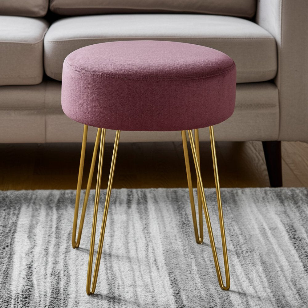 14" Plum Fabric and Gold Round Ottoman