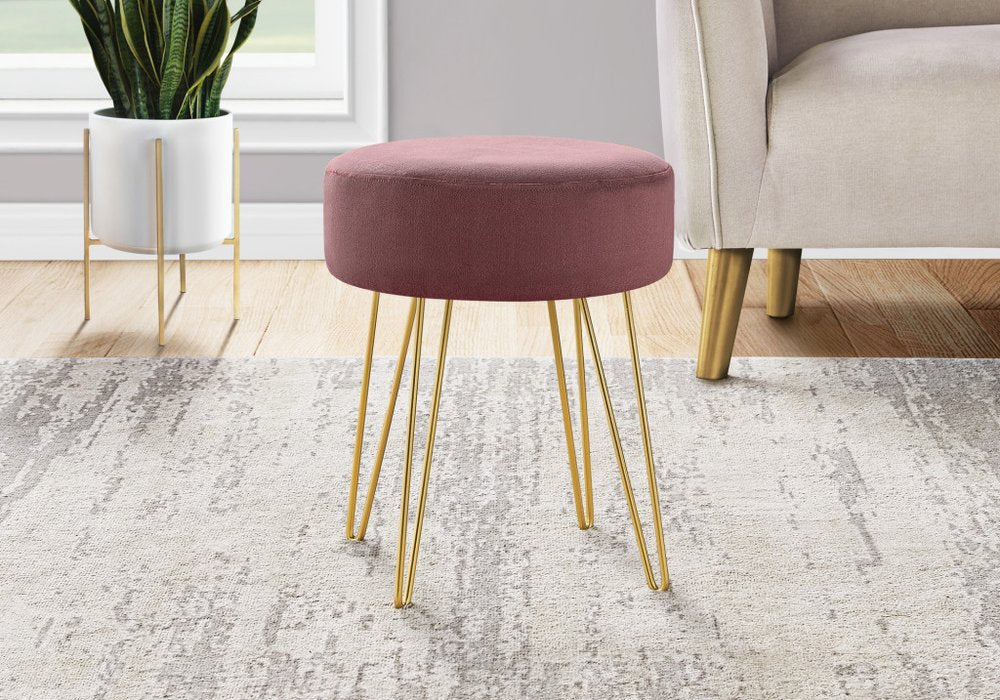 14" Plum Fabric and Gold Round Ottoman