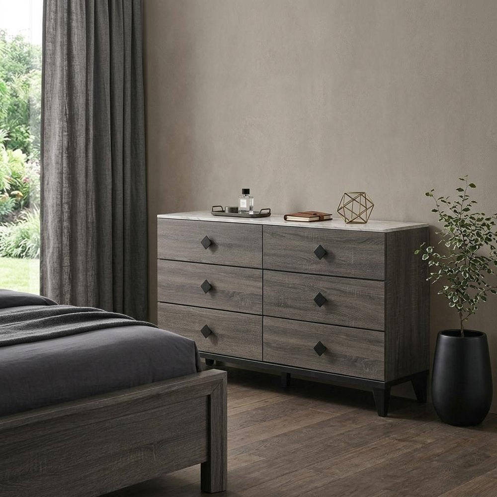61" Gray Solid and Manufactured Wood Six Drawer Double Dresser