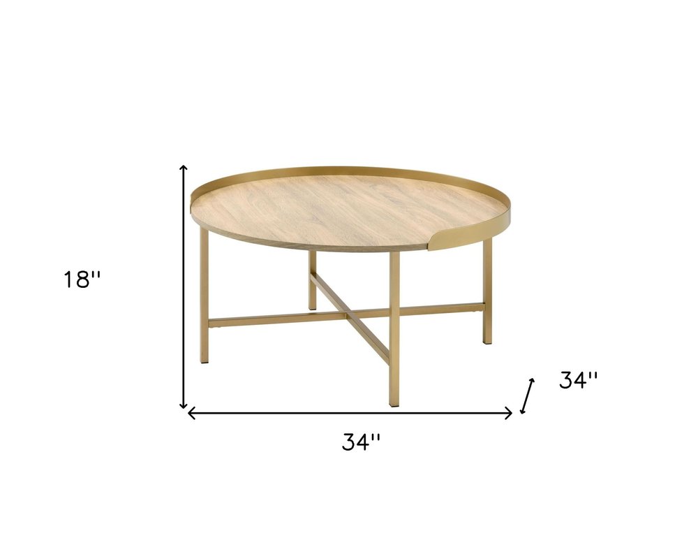 34" Oak and Gold Wood And Metal Round Sled Coffee Table