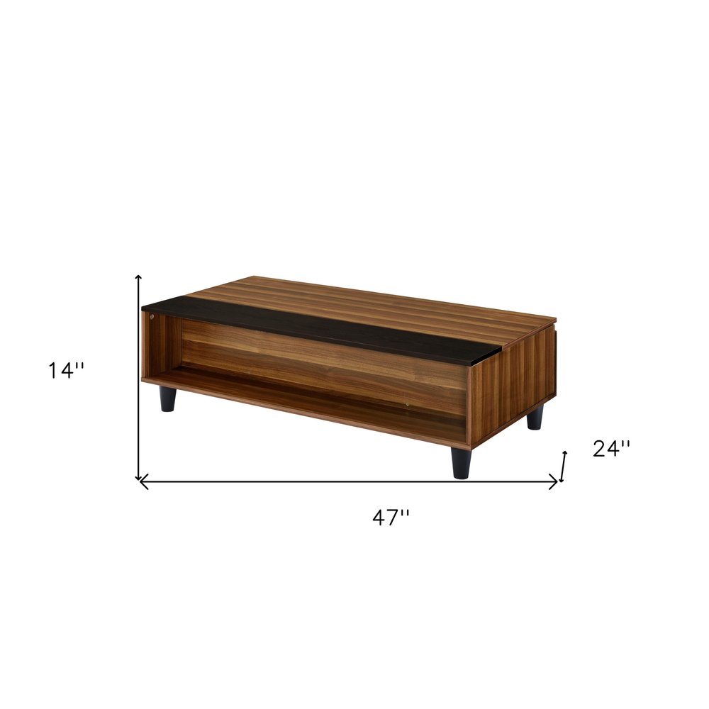 47" Brown and Black Wood Lift Top Coffee Table With Shelf