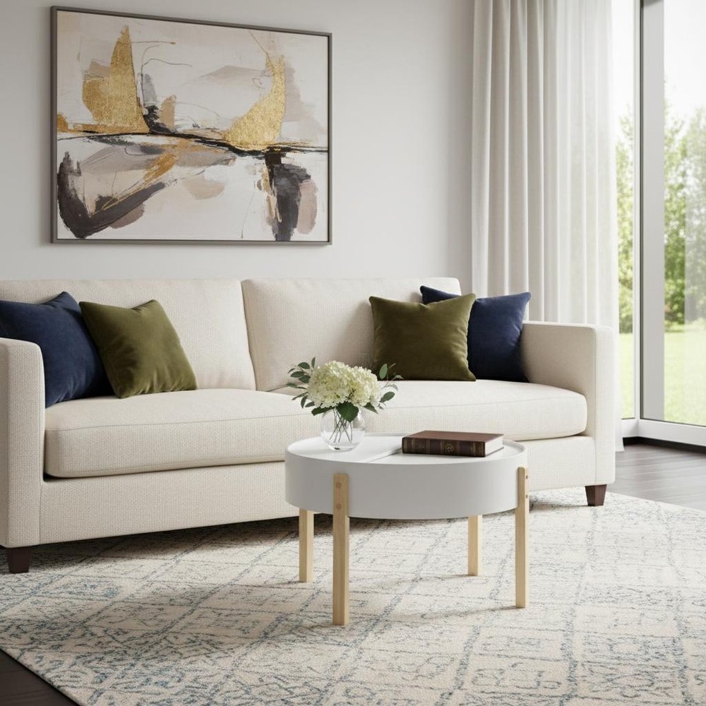 32" White and Natural Wood And Solid Wood Round Coffee Table