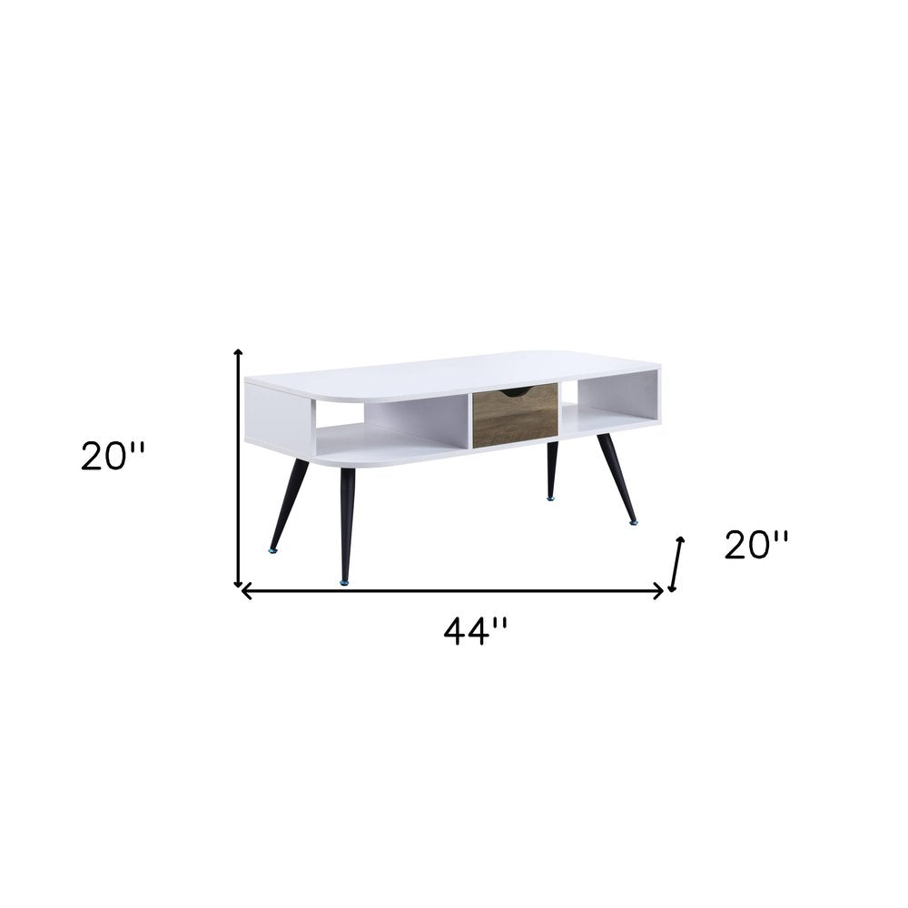 44" White and Black Melamine Veneer And Metal Coffee Table With Drawer And Shelf