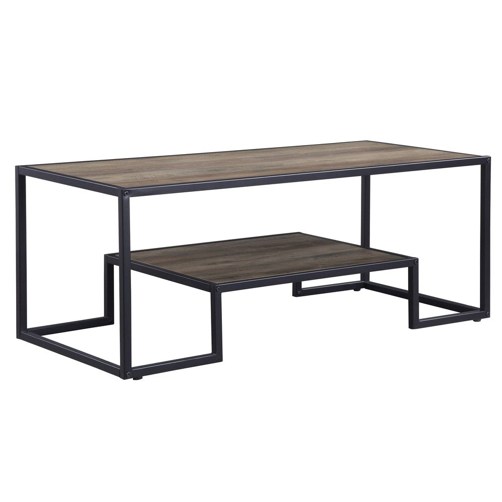 45" Brown and Black Metal Sled Coffee Table With Shelf