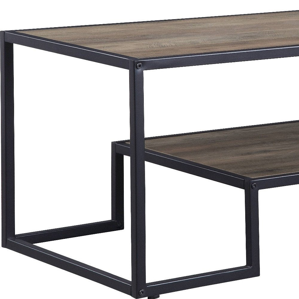 45" Brown and Black Metal Sled Coffee Table With Shelf