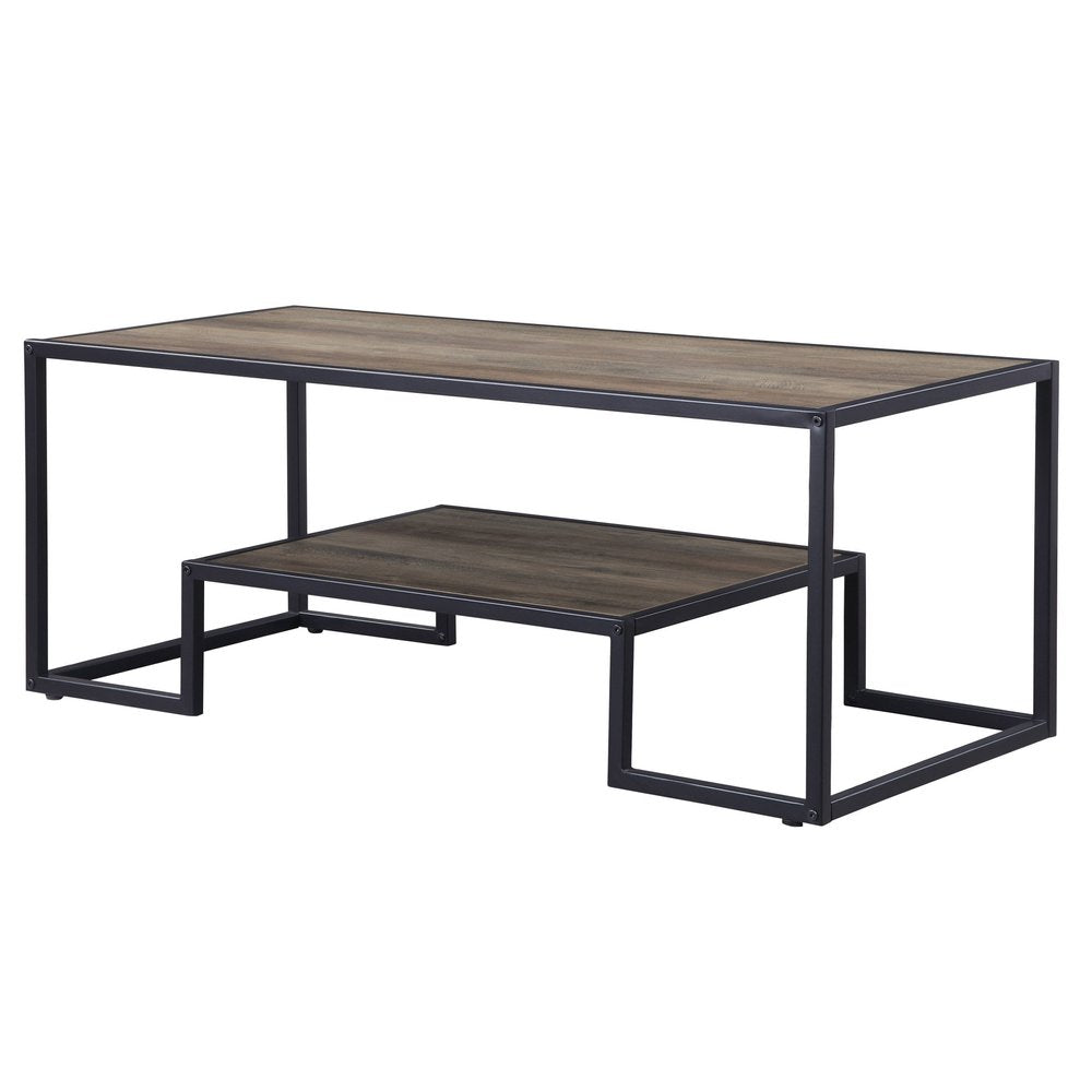 45" Brown and Black Metal Sled Coffee Table With Shelf