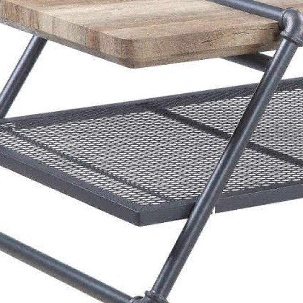 47" Natural and Gray Metal Sled Coffee Table With Shelf