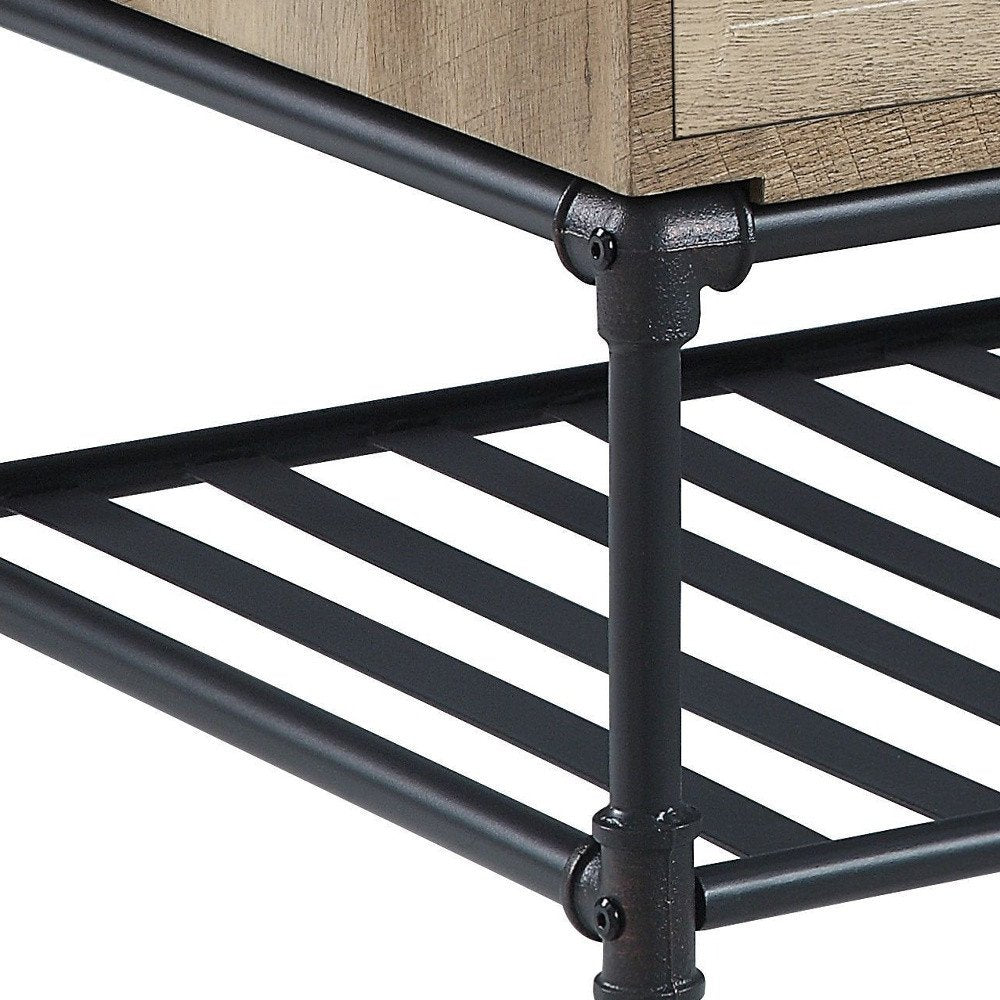 47" Oak and Brown Metal Coffee Table With Two Drawers And Shelf