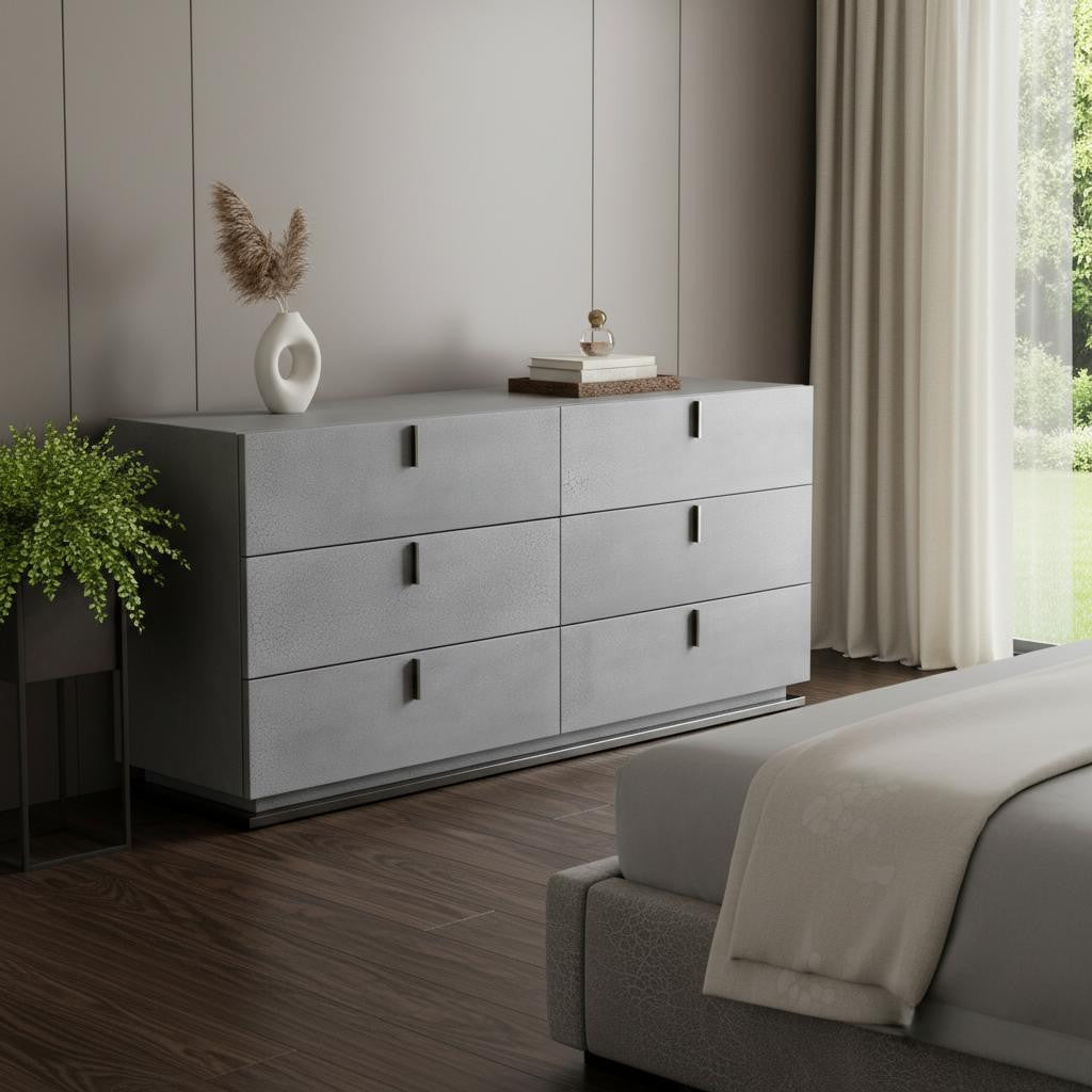 59" Gunmetal Grey Crackle Finish Six Drawer Double Dresser