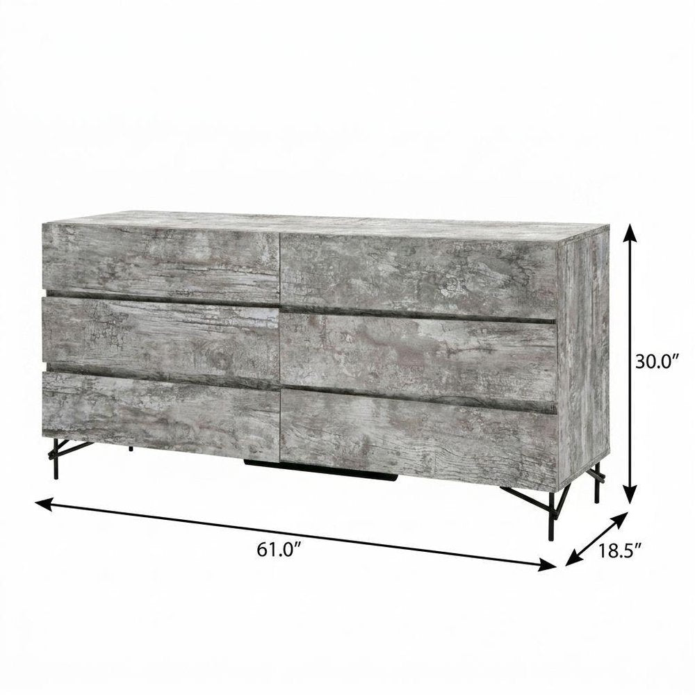 61" Gray Wood Six Drawer Double Dresser