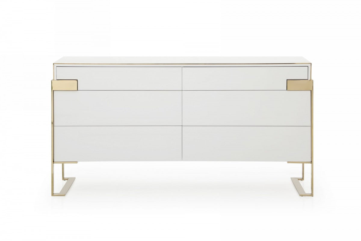 60" Gold and White Solid and Manufactured Wood Six Drawer Double Dresser