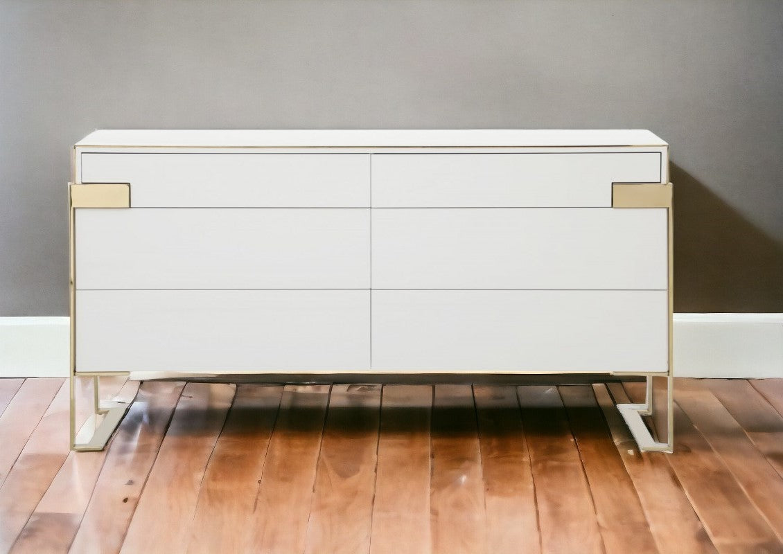 60" Gold and White Solid and Manufactured Wood Six Drawer Double Dresser
