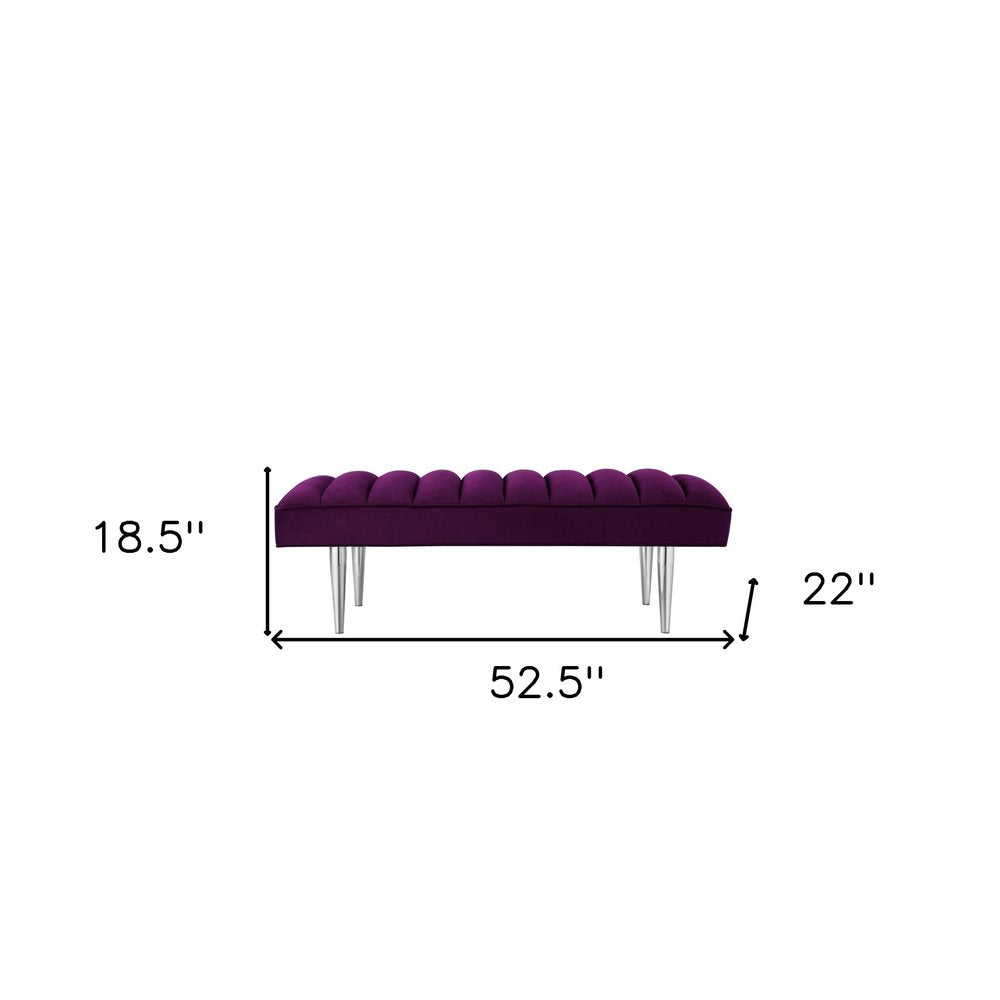 53" Blue And Silver Upholstered Velvet Bench