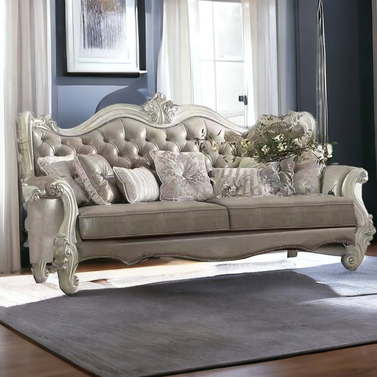 90" Gray Faux Leather Curved Sofa And Toss Pillows With Bone Legs