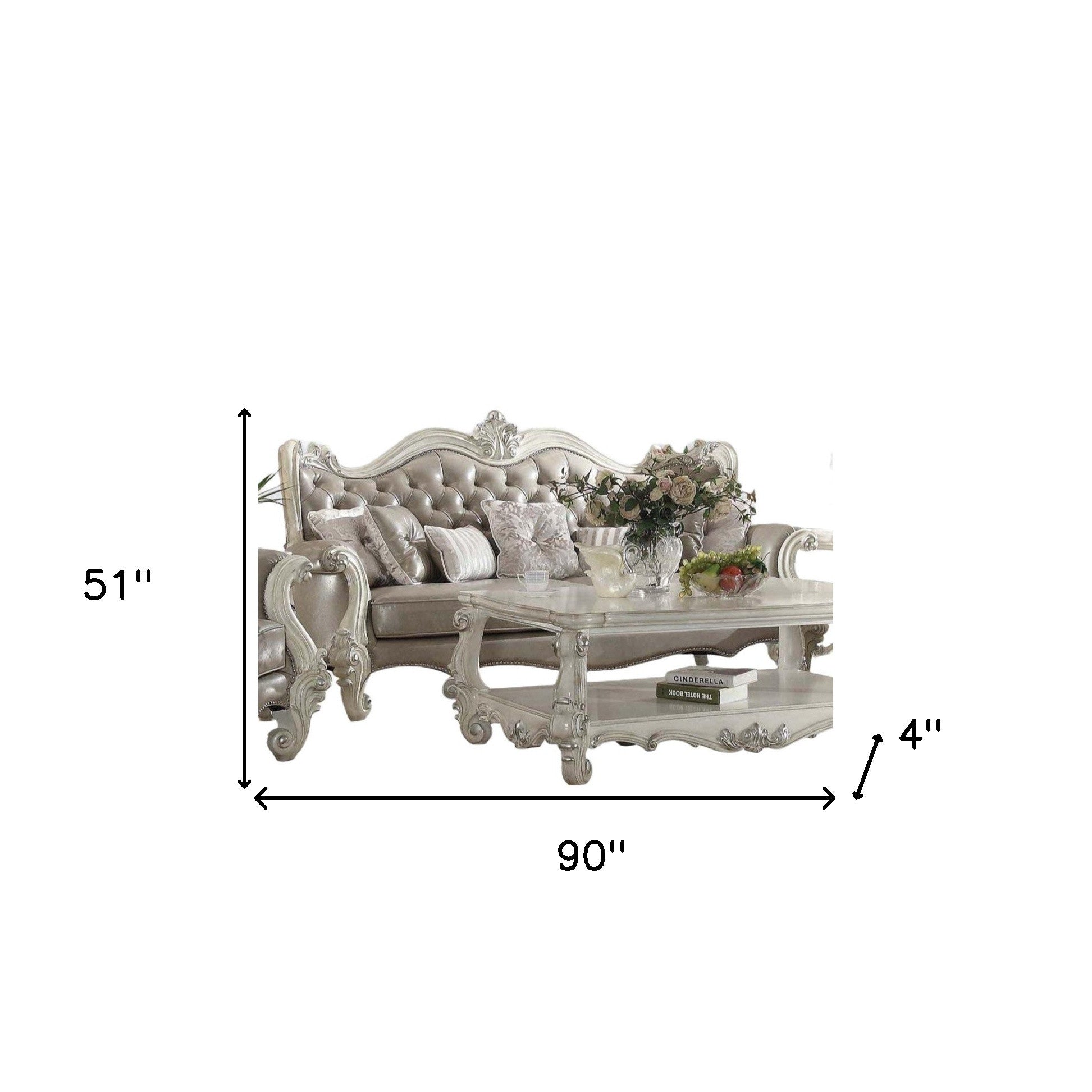 90" Gray Faux Leather Curved Sofa And Toss Pillows With Bone Legs