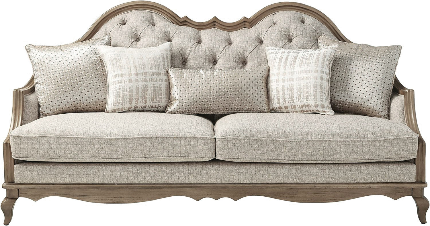 86" Brown And Beige Upholstered Solid Wood Sofa With Toss Pillows