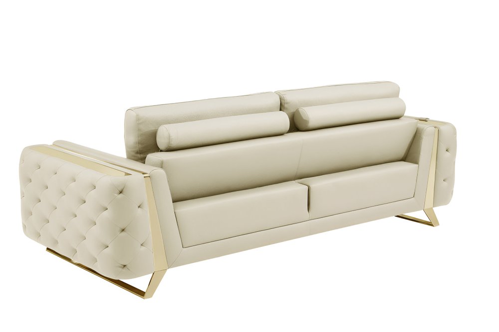 90" White Italian Leather Sofa With Gold Legs