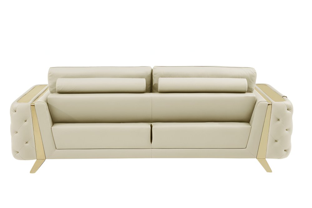 90" White Italian Leather Sofa With Gold Legs