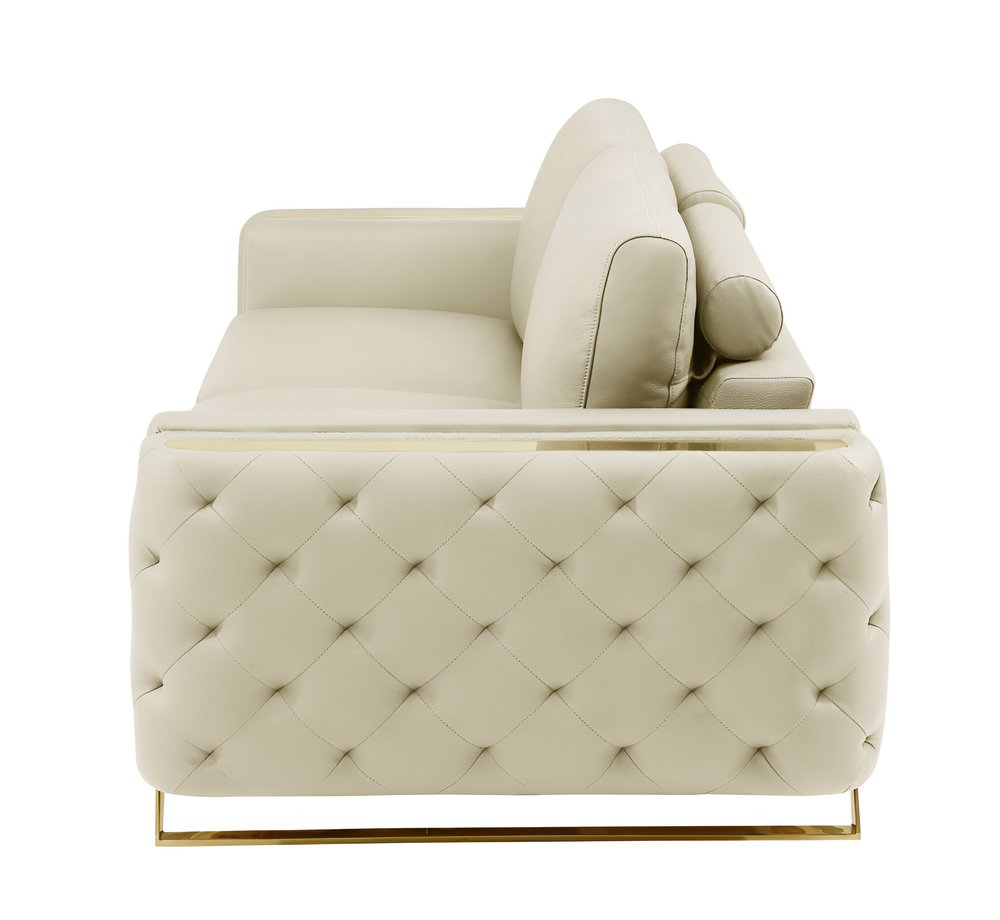 90" White Italian Leather Sofa With Gold Legs