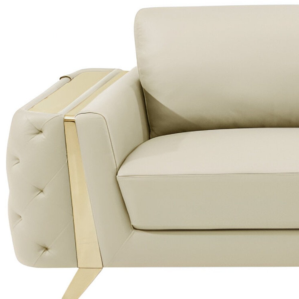 90" White Italian Leather Sofa With Gold Legs