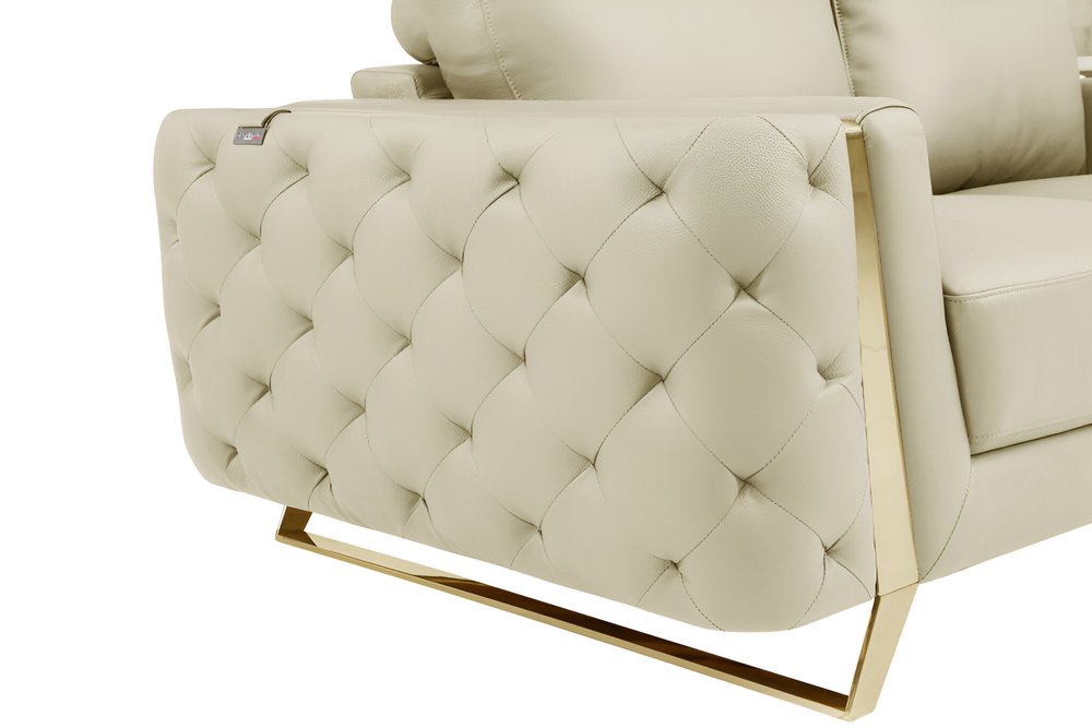 90" White Italian Leather Sofa With Gold Legs