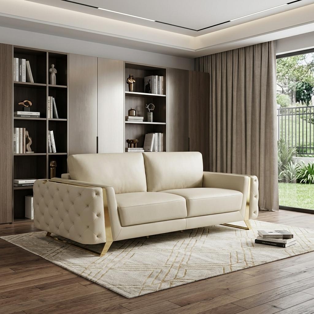 90" Beige Italian Leather Sofa With Gold Legs