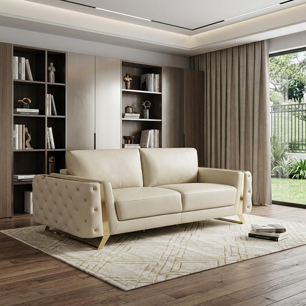 90" White Italian Leather Sofa With Gold Legs