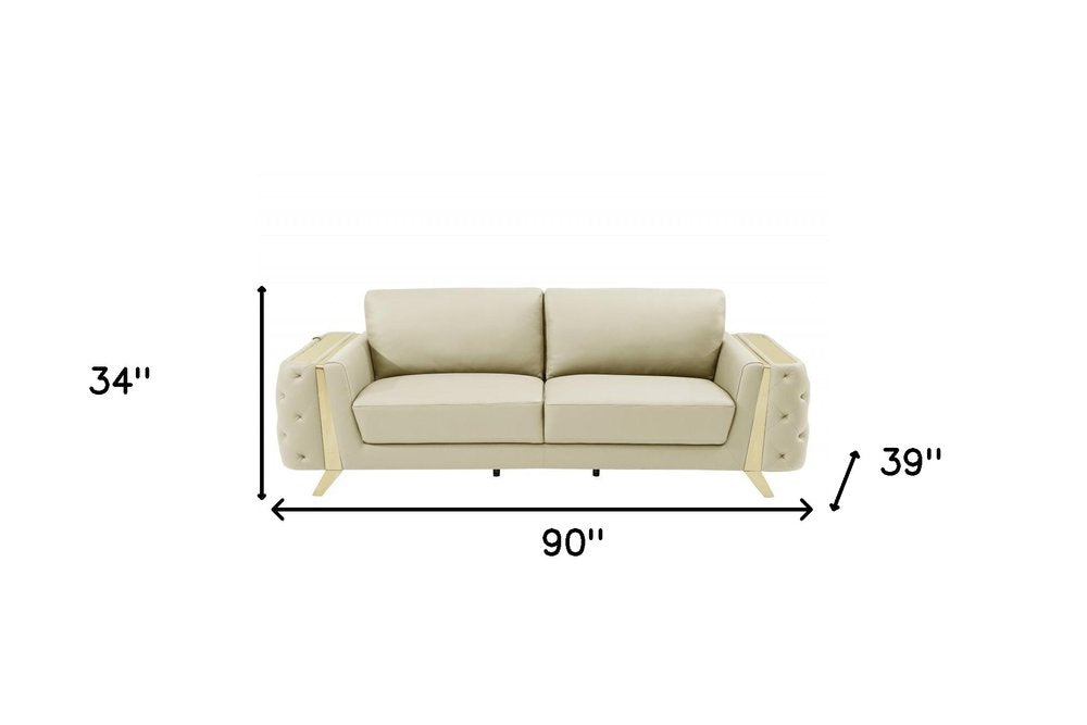 90" White Italian Leather Sofa With Gold Legs