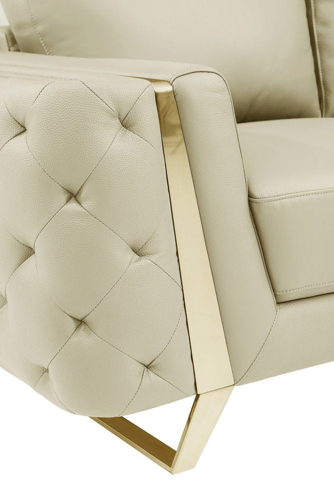 90" White Italian Leather Sofa With Gold Legs