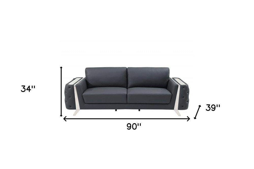 90" White Italian Leather Sofa With Gold Legs
