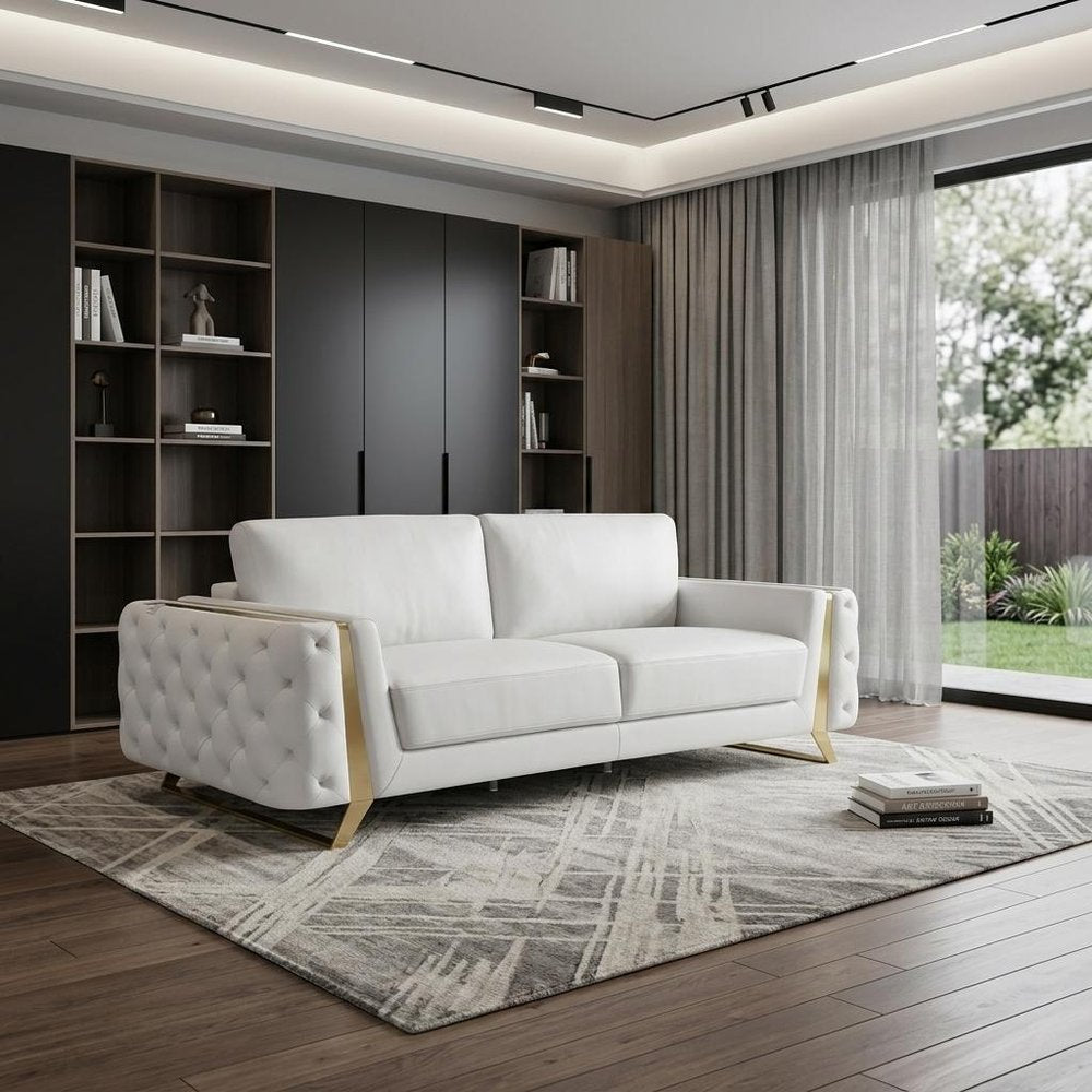 90" Beige Italian Leather Sofa With Gold Legs