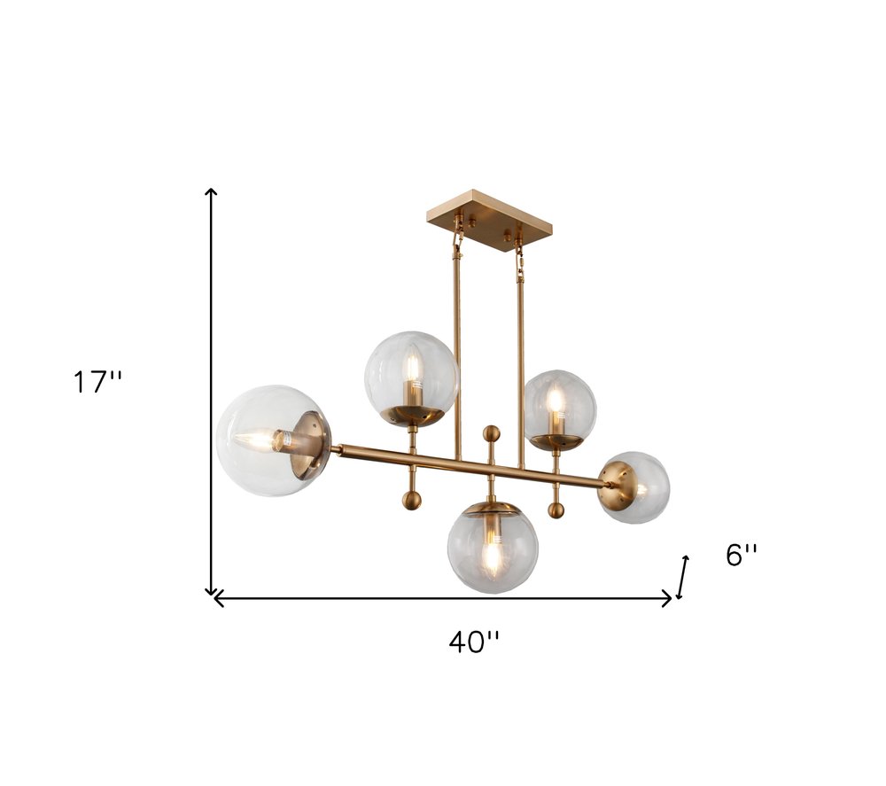 Brass Kitchen Island Five Light Metal and Transparent Glass Chandelier With Clear Shades