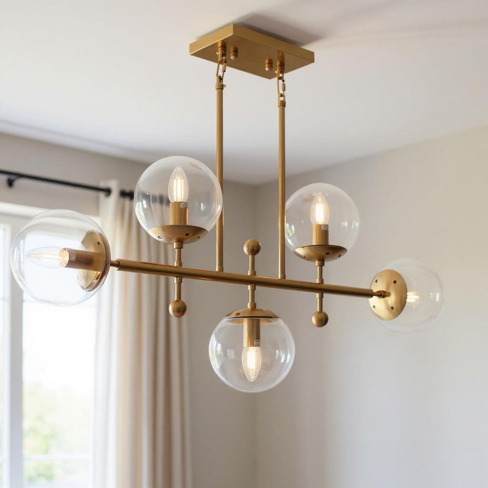Brass Kitchen Island Five Light Metal and Transparent Glass Chandelier With Clear Shades