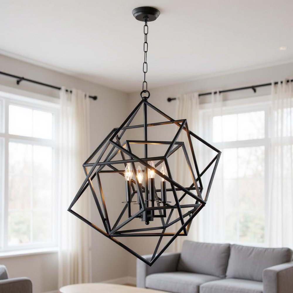 Black Unique Statement Four Light Metal Chandelier With Black Shades