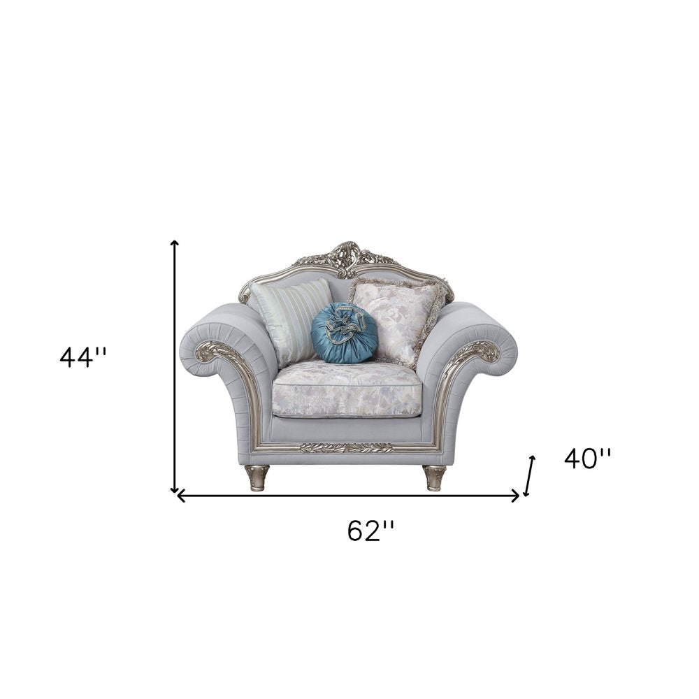 62" Light Gray and Platinum Linen Floral Club Chair And Toss Pillows