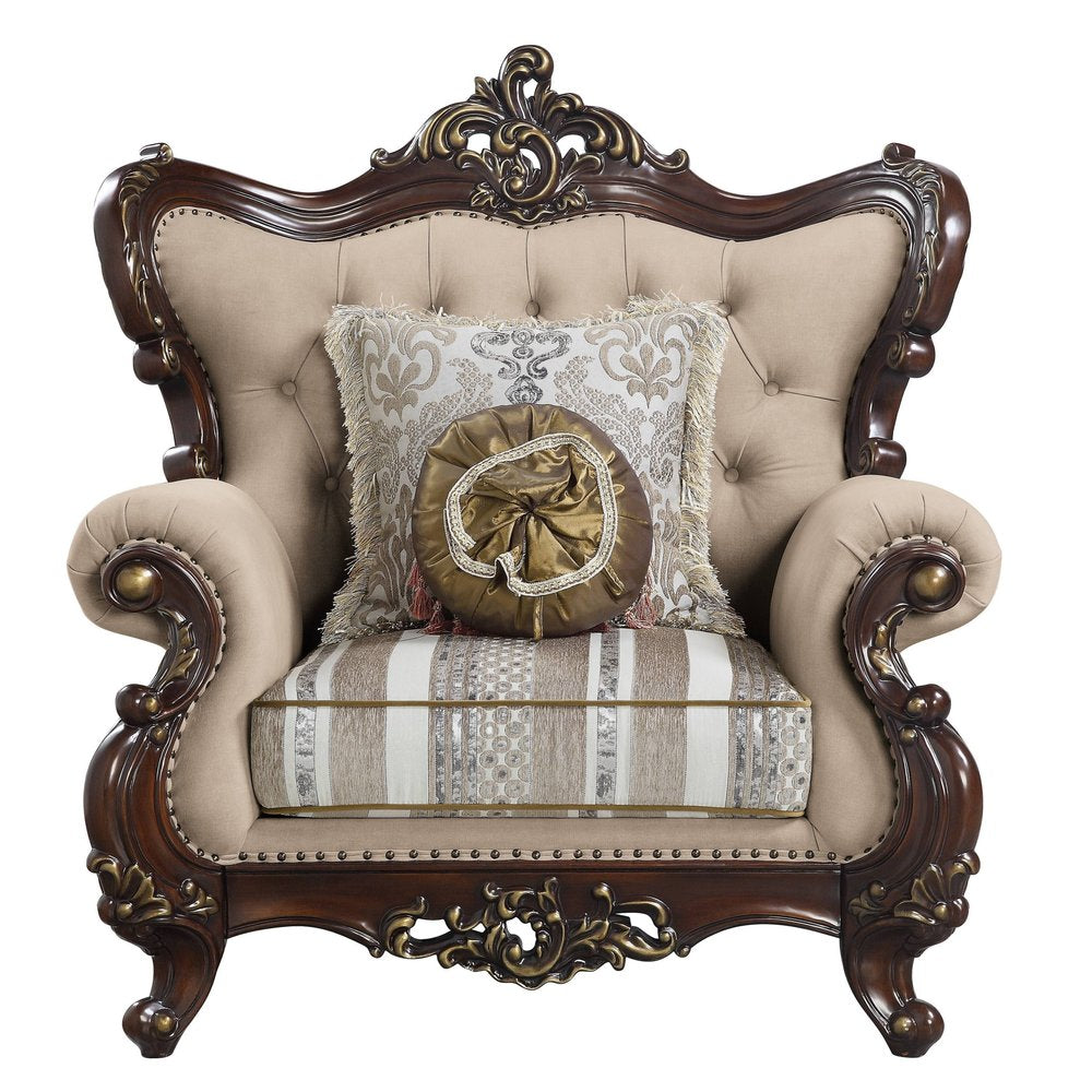 48" Beige and Brown Linen Floral Arm Chair And Toss Pillows