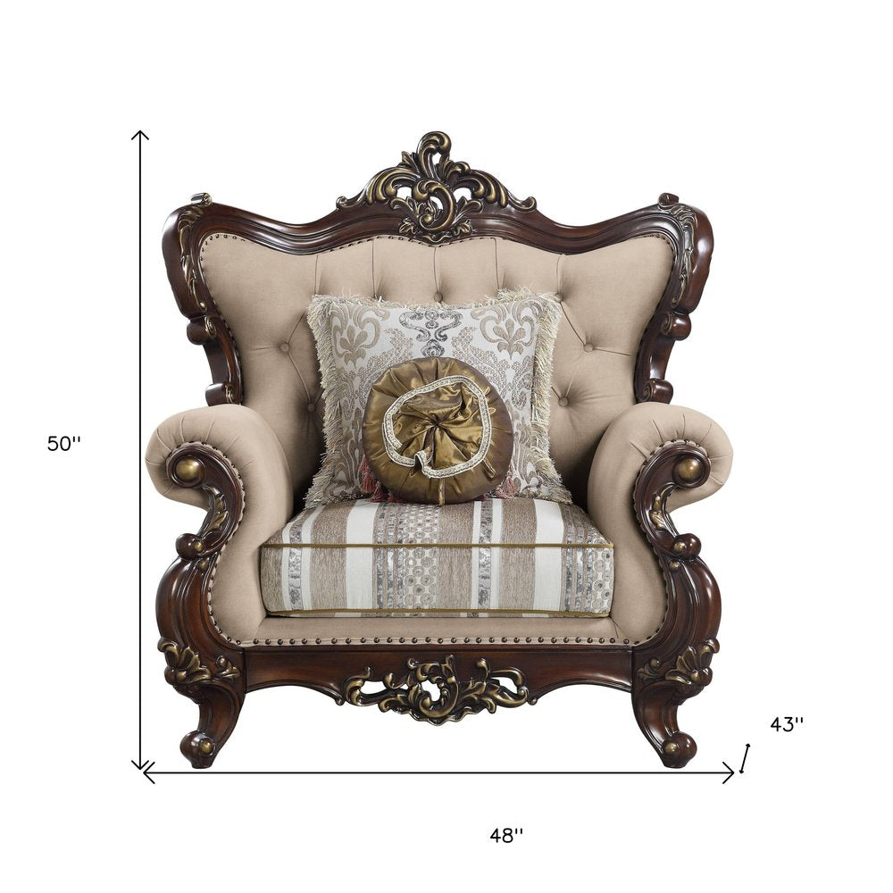 48" Beige and Brown Linen Floral Arm Chair And Toss Pillows