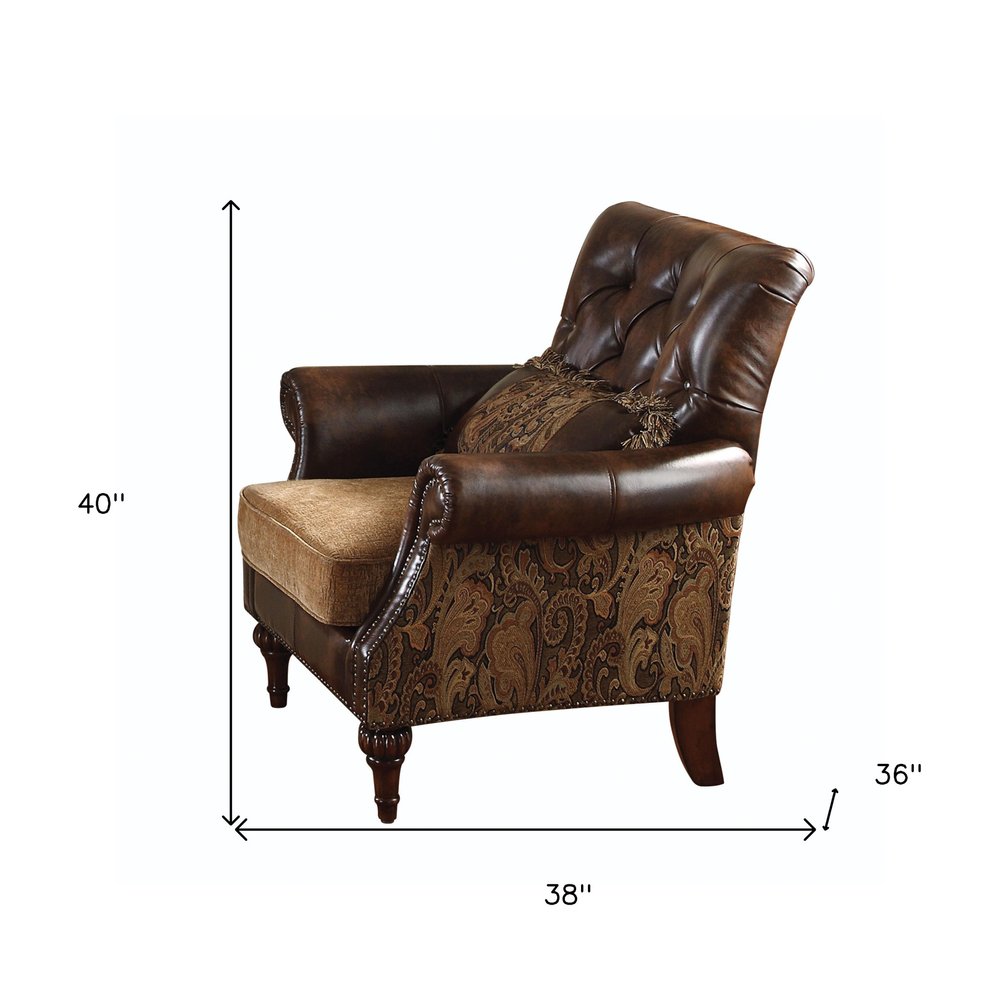 38" Brown and Black Faux Leather Floral Tufted Arm Chair And Toss Pillow