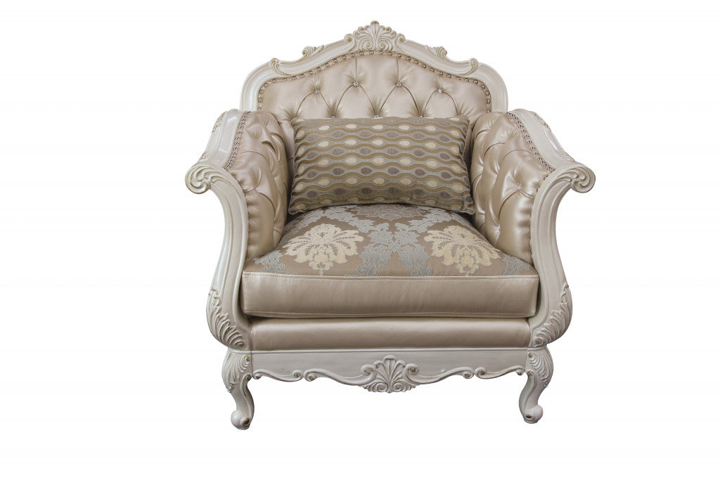 40" Rose Gold Faux Leather And Pearl White Arm Chair