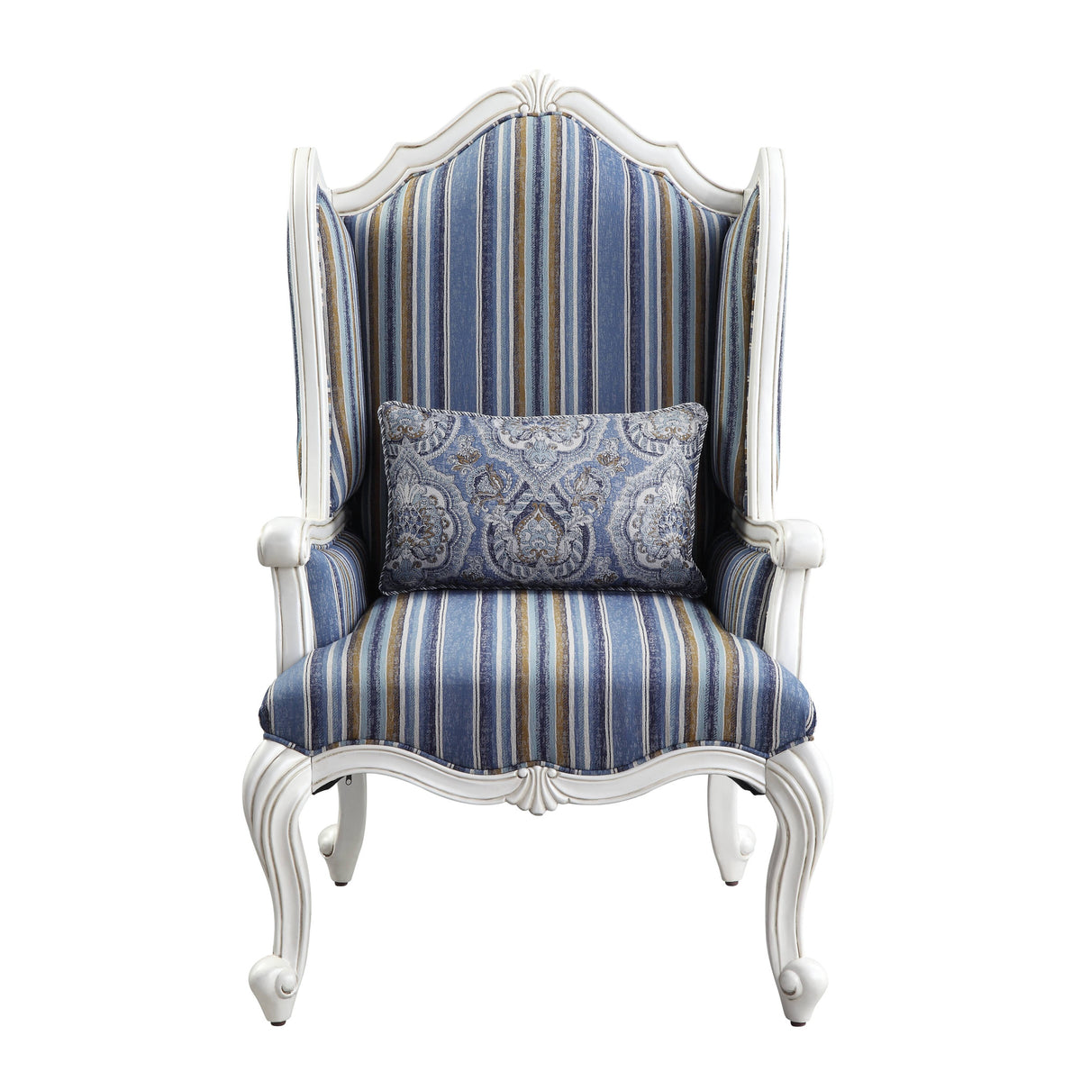 31" Blue and White Fabric Striped Wingback Chair And Toss Pillow