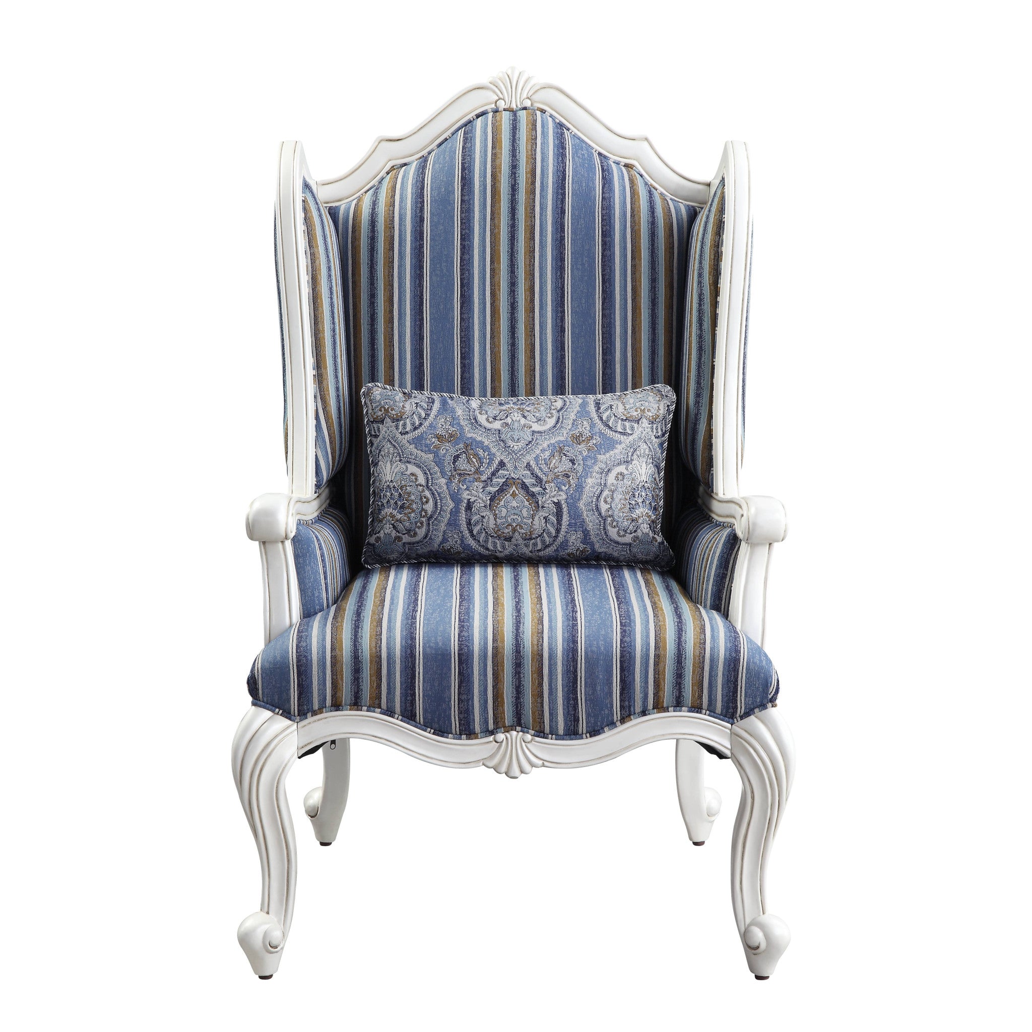 31" Blue White And Brown Fabric And White Striped Wingback Chair