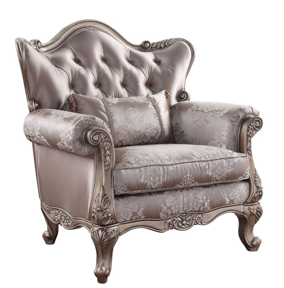 45" Champagne Fabric Floral Tufted Arm Chair And Toss Pillow