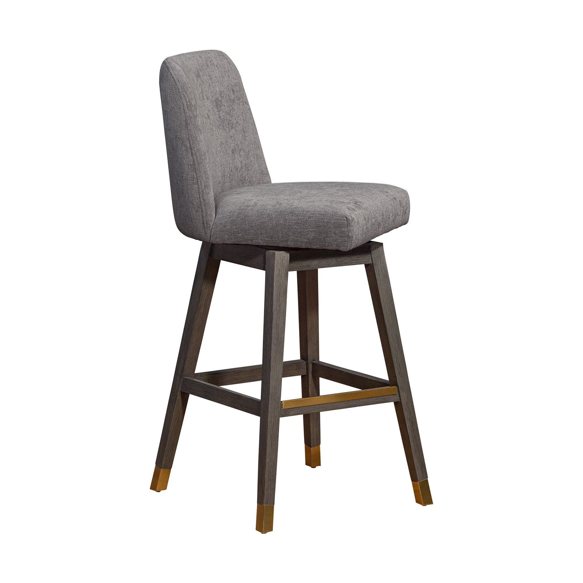 30" Gray And Brown Fabric And Solid Wood Bar Height Swivel Bar Chair