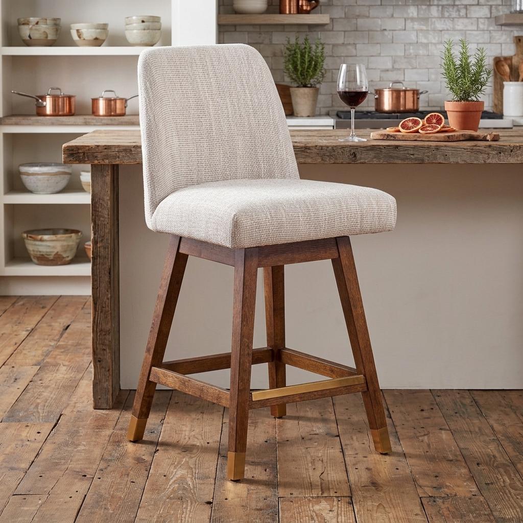 26" Beige And Brown Solid Wood Counter Height Swivel Bar Chair