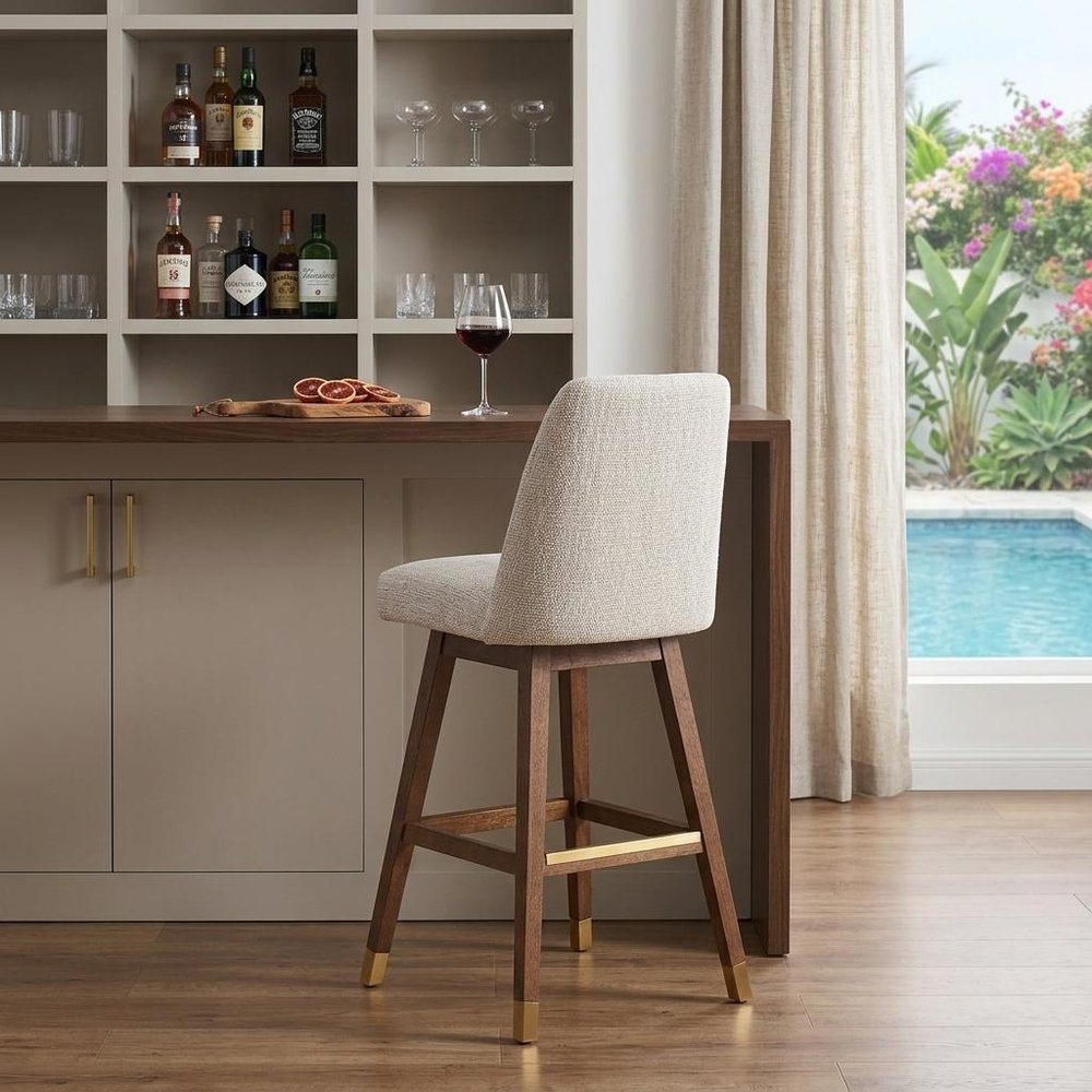 Beige and Brown Solid Wood Bar Height Swivel Bar Chair