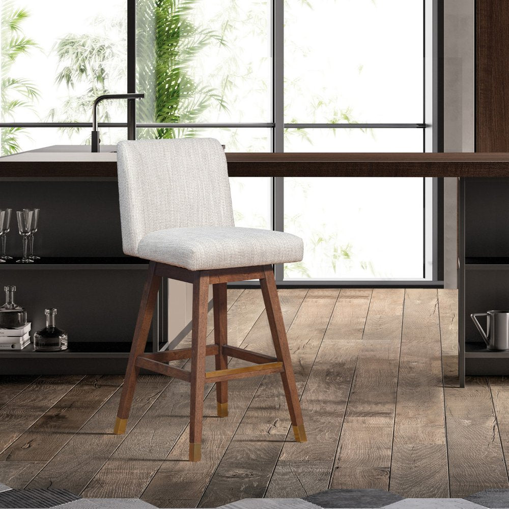 30" Beige and Wood Brown Solid Wood Bar Height Swivel Bar Chair