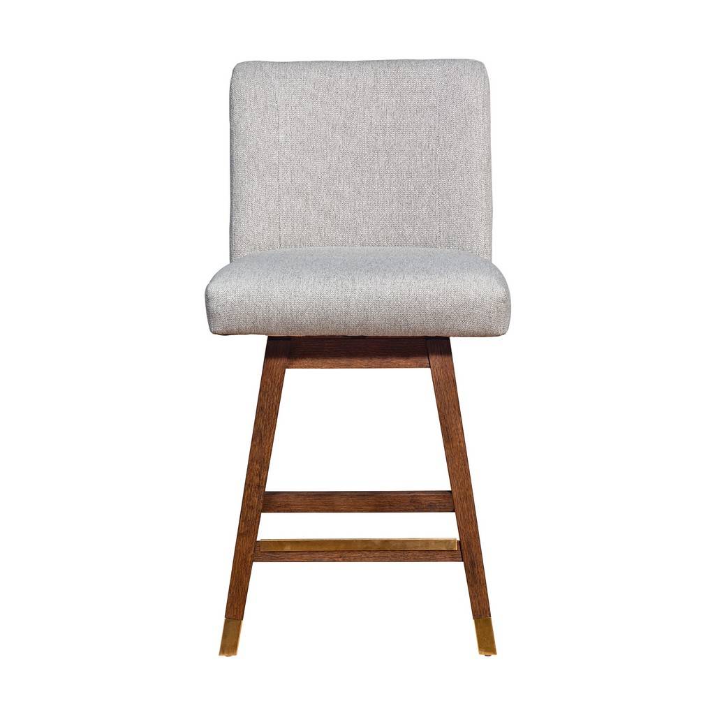 26" Taupe And Brown Fabric And Solid Wood Counter Height Swivel Bar Chair
