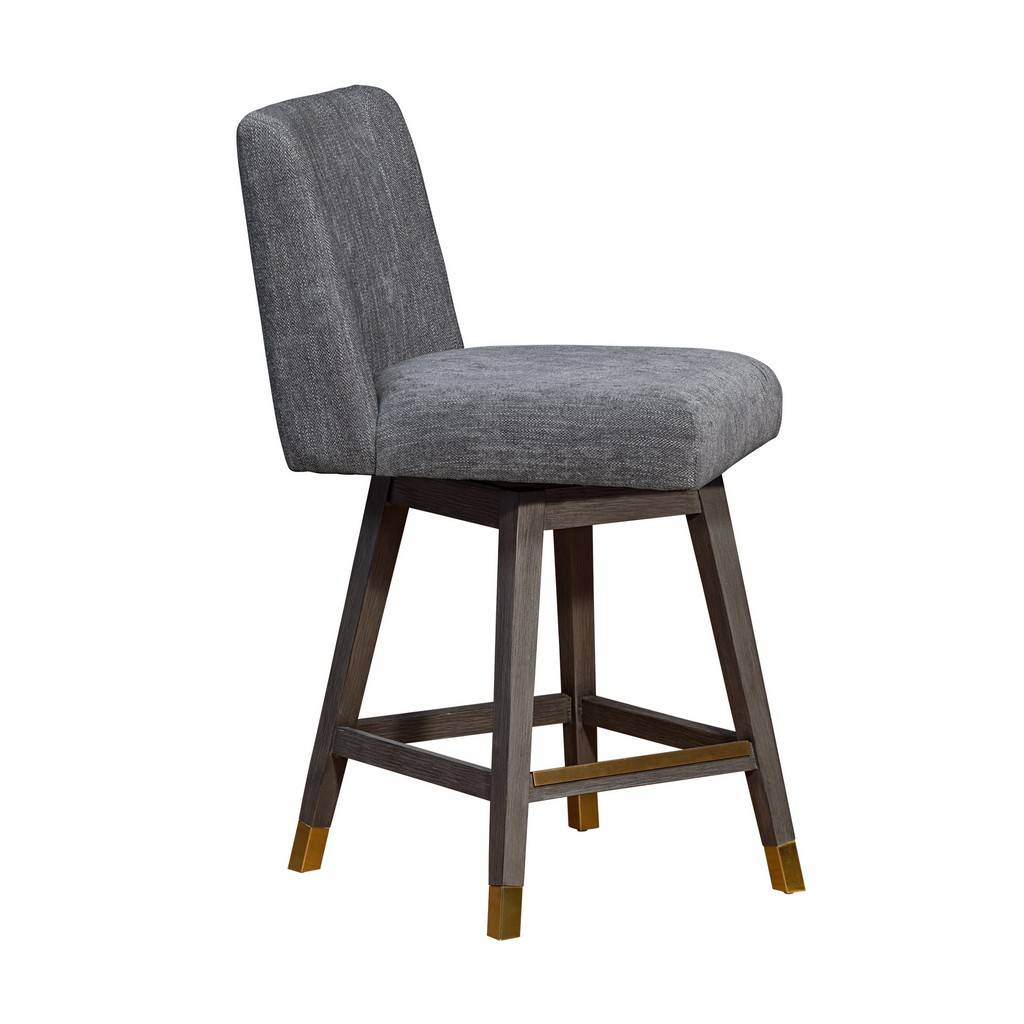 26" Gray And Brown Fabric And Solid Wood Counter Height Swivel Bar Chair