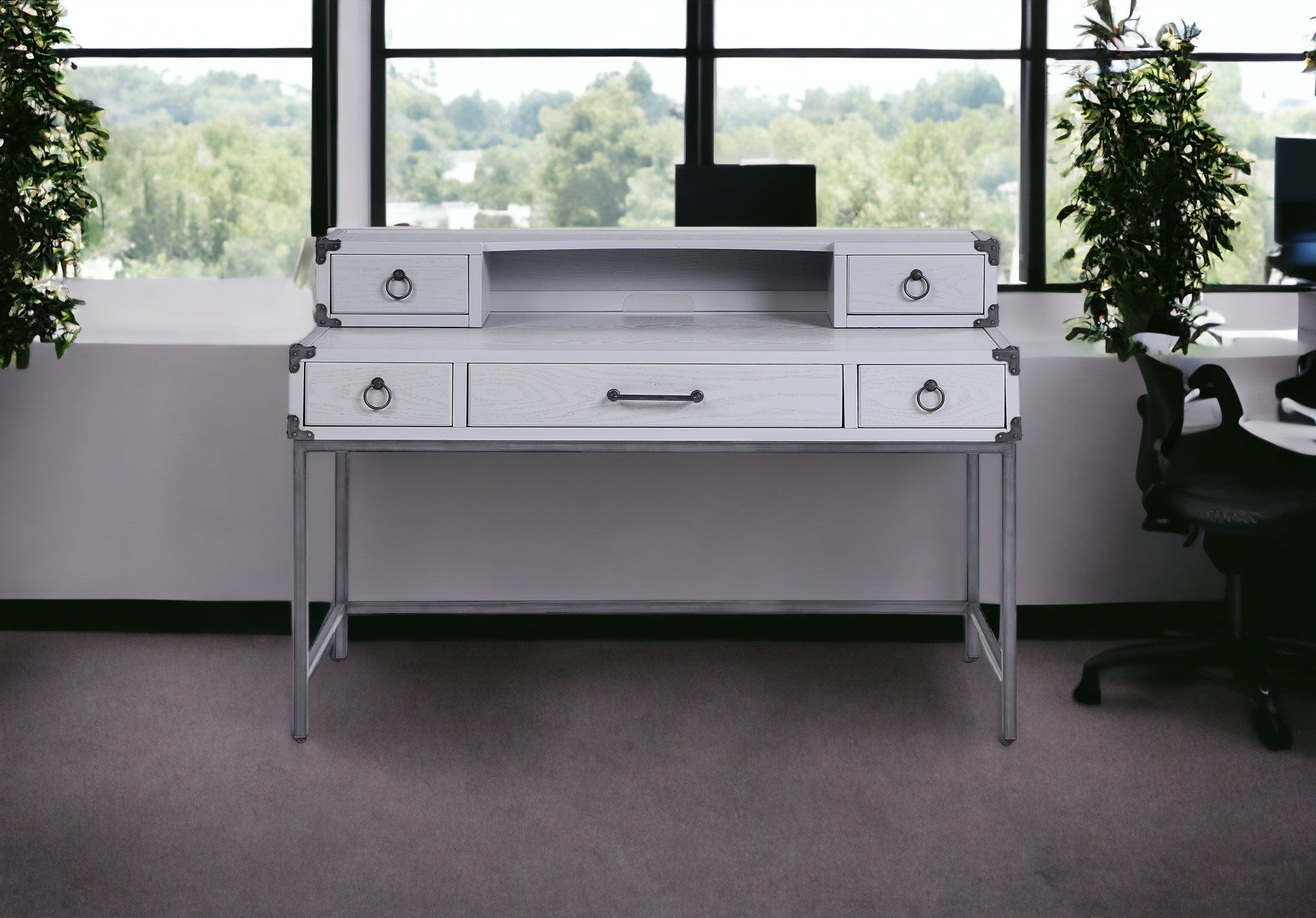 54" Gray Wood Writing Desk With Five Drawers