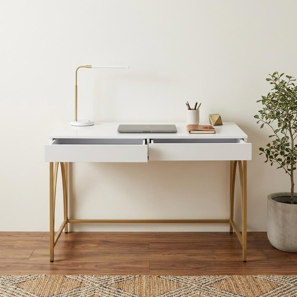 50" White and Gold Writing Desk With Two Drawers